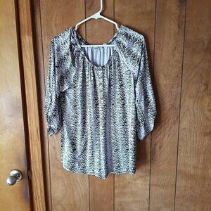 Notations Womens Black White Abstract Print Pullover Top Size Large L 3/4 Sleeve